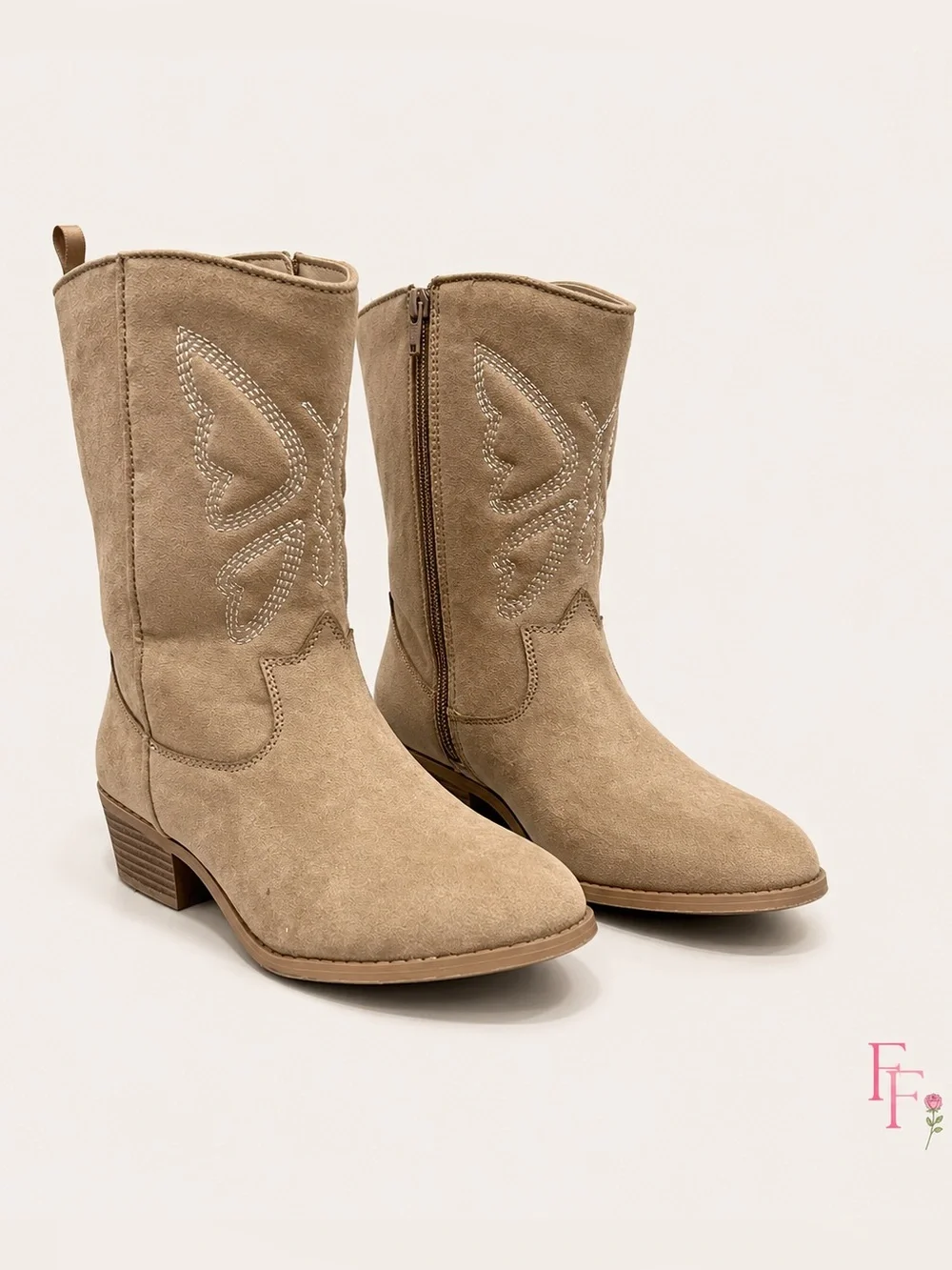 Old Navy Girls Tan Faux Suede Western Cowboy Boots Size 5 Youth Embroidered